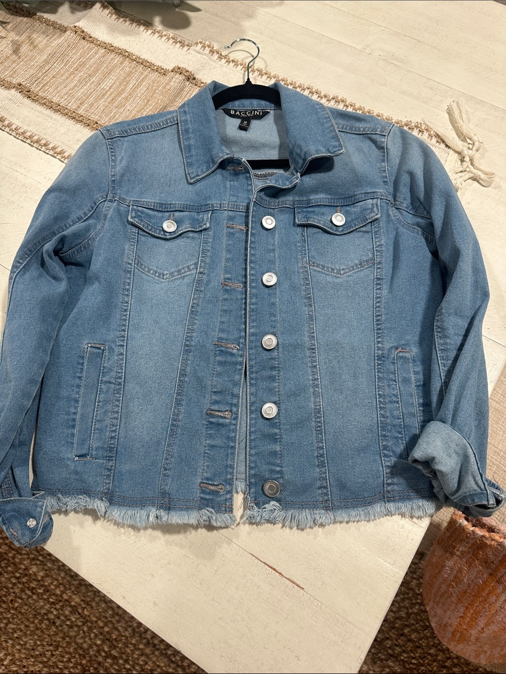 Baccini Light Denim Blue Jean Jacket with Frayed Hem